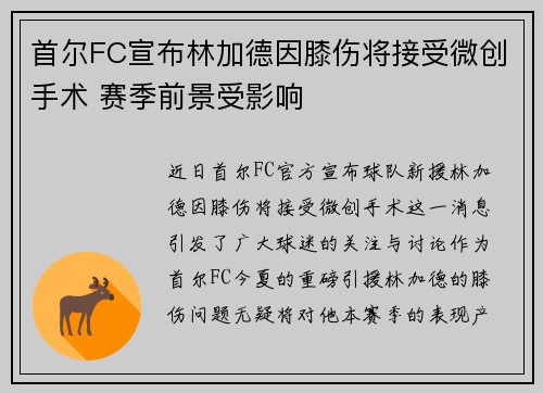 首尔FC宣布林加德因膝伤将接受微创手术 赛季前景受影响